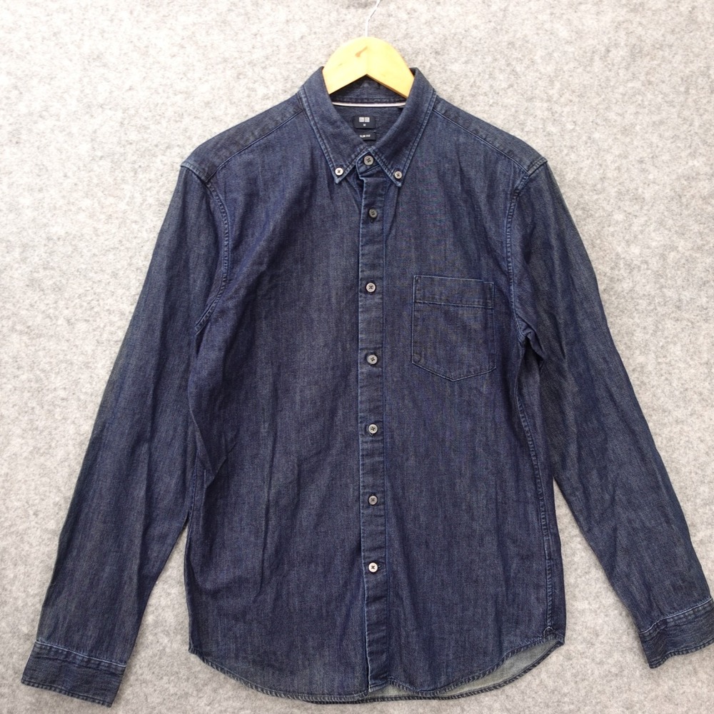 Uniqlo Button Down Denim Shirt Men MEDIUM Slim Fit Blue Long Sleeve Work Classic